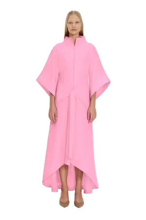 Pink Kimono Sleeve High Neck Asymmetrical Belted Futuristic Maxi Dress