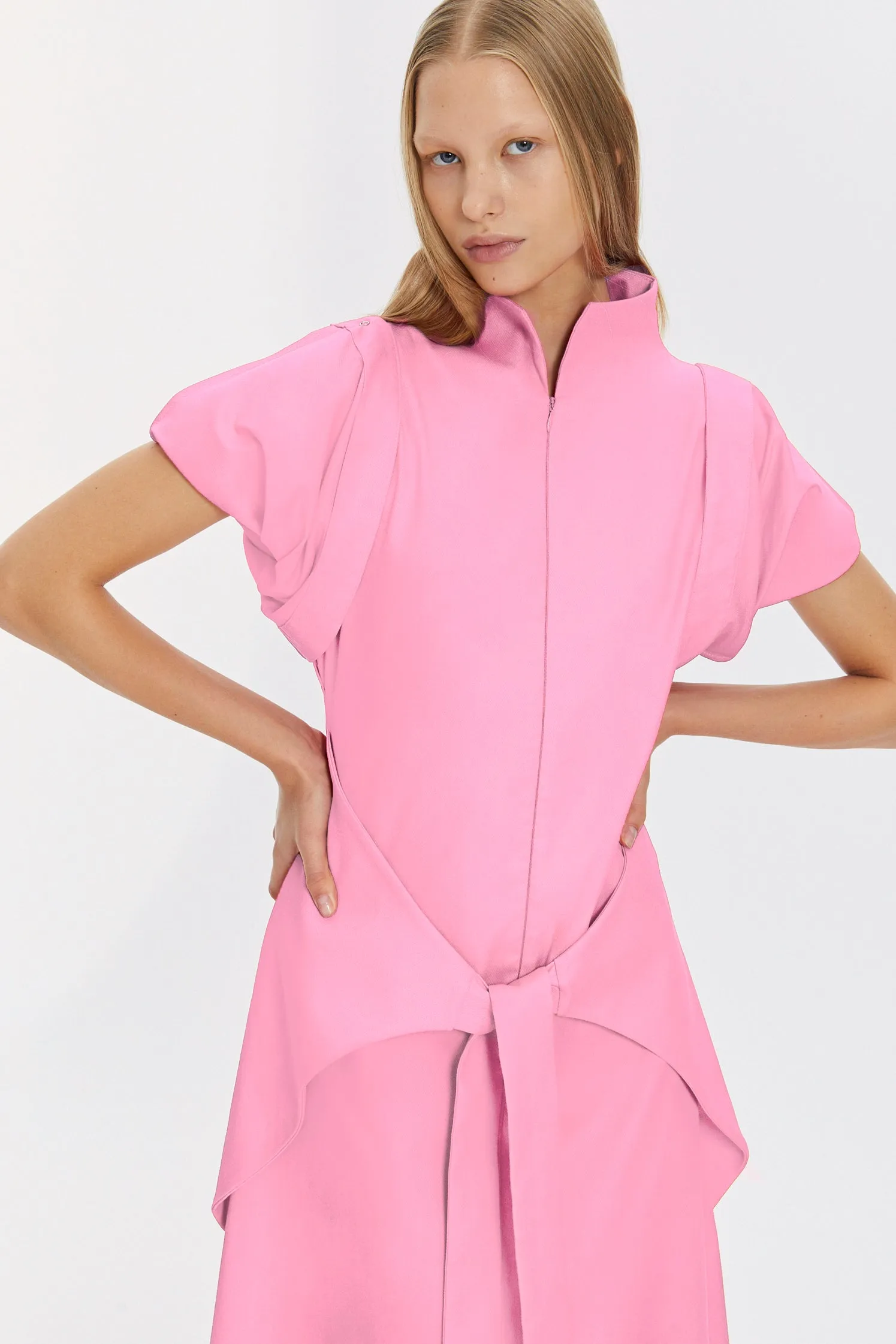 Pink Kimono Sleeve High Neck Asymmetrical Belted Futuristic Maxi Dress