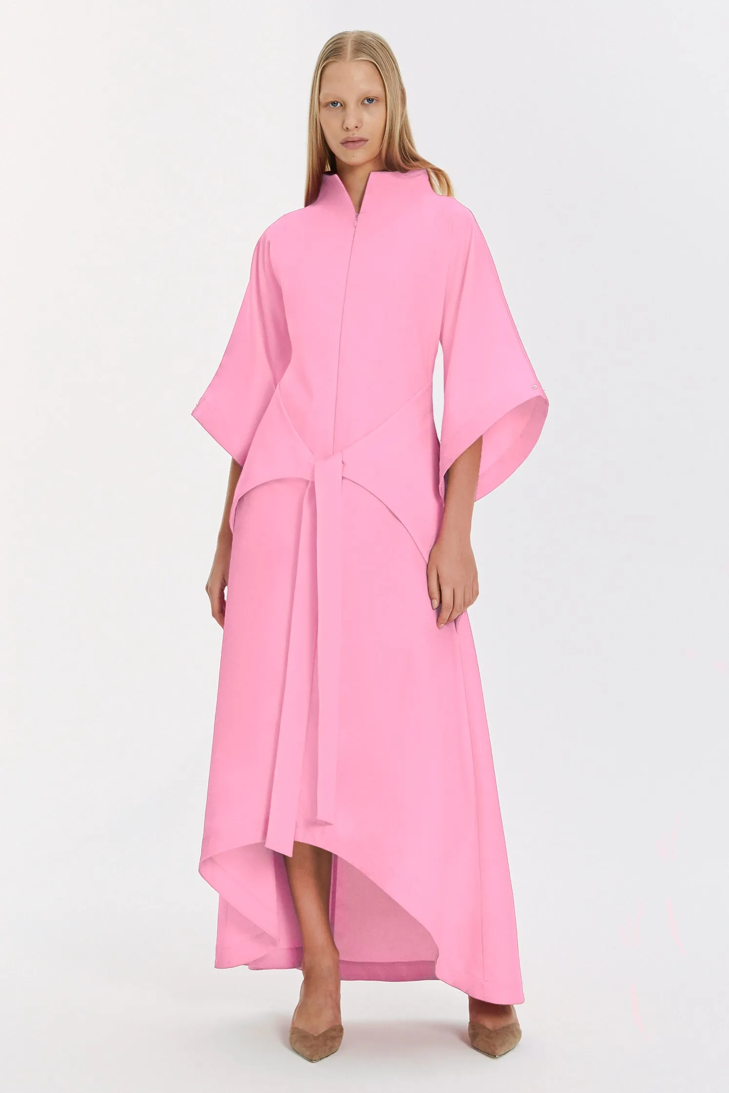 Pink Kimono Sleeve High Neck Asymmetrical Belted Futuristic Maxi Dress