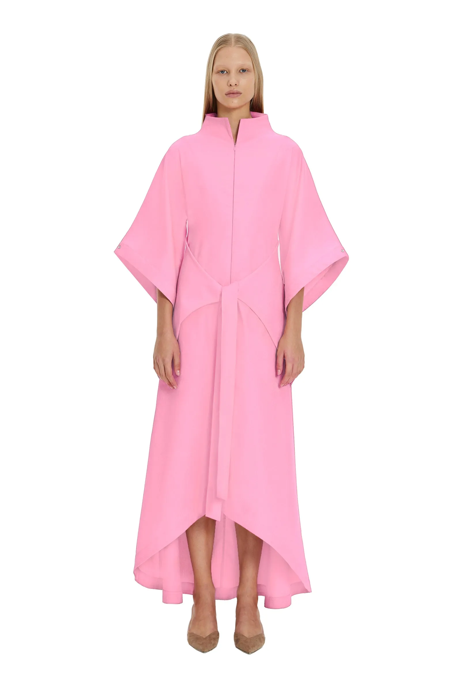 Pink Kimono Sleeve High Neck Asymmetrical Belted Futuristic Maxi Dress