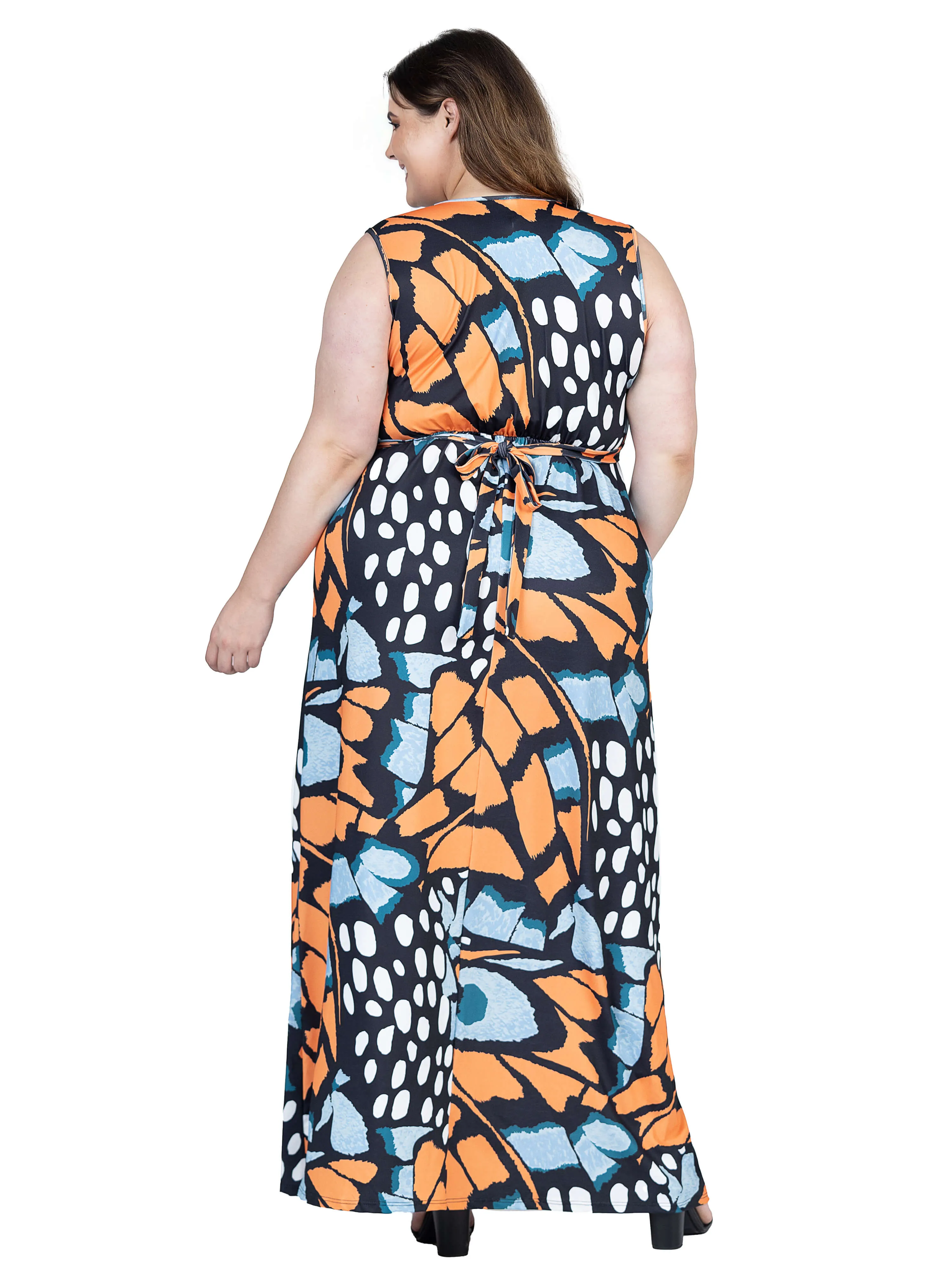 Plus Size Orange Butterfly Print V Neck Tie Back Empire Waist Sleeveless Maxi Dress