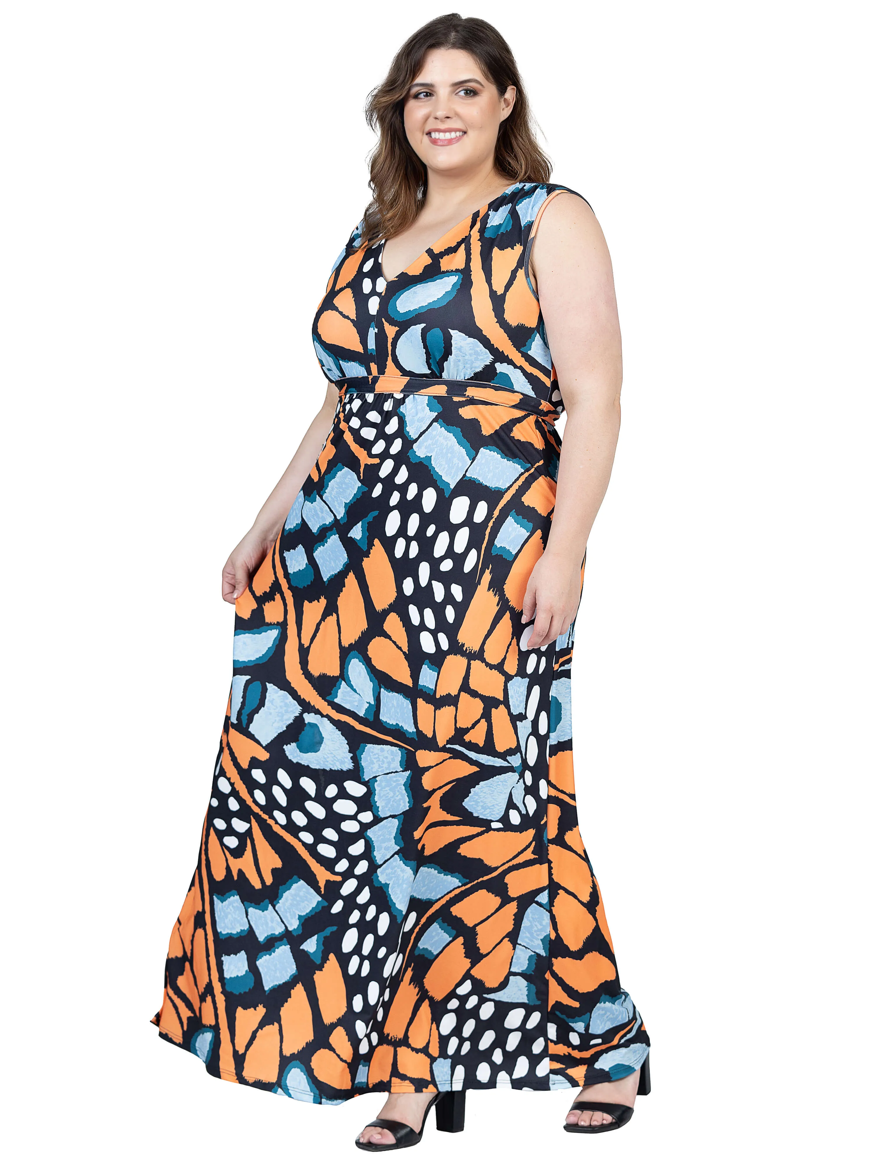 Plus Size Orange Butterfly Print V Neck Tie Back Empire Waist Sleeveless Maxi Dress