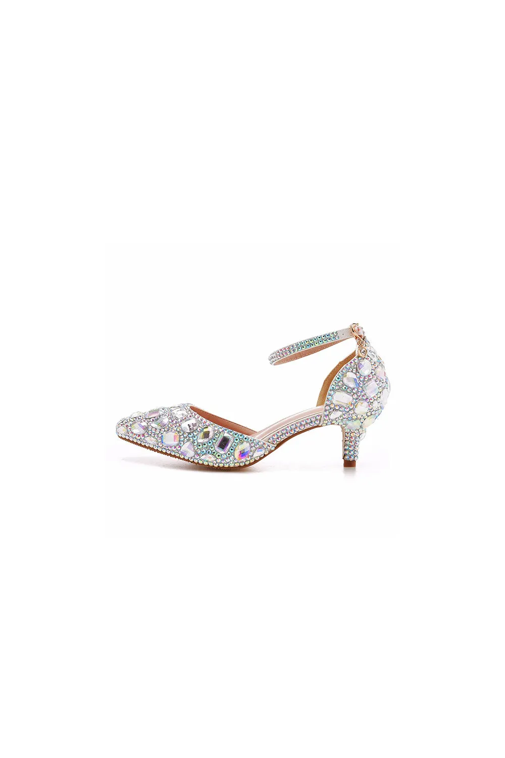 Pointed Toe Crystal Diamond  Ankle Strap Kitten Heels