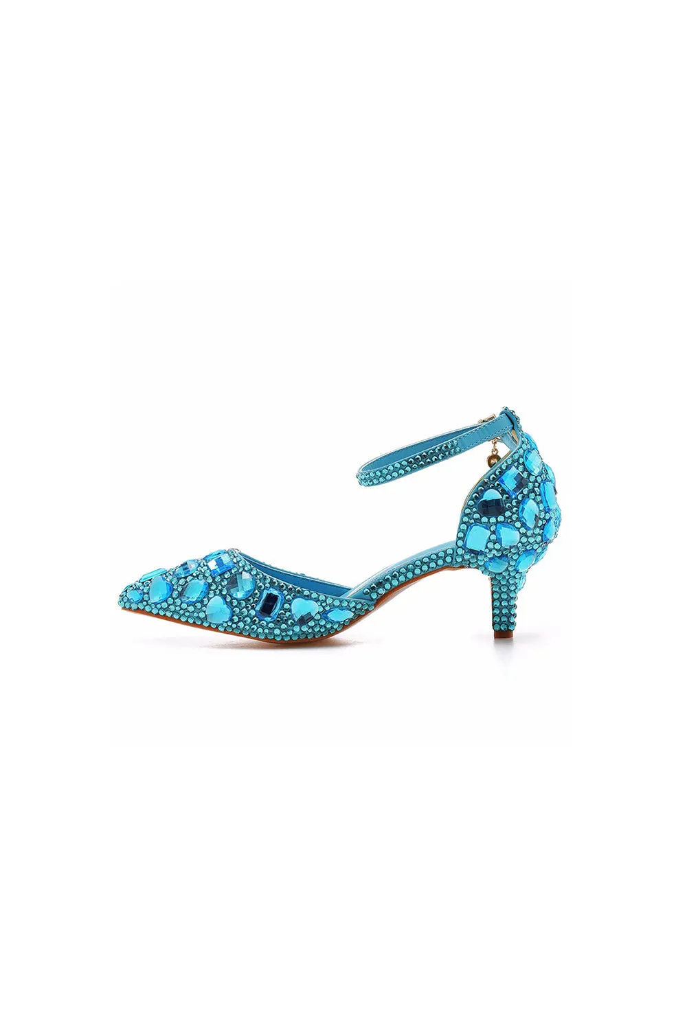 Pointed Toe Crystal Diamond  Ankle Strap Kitten Heels