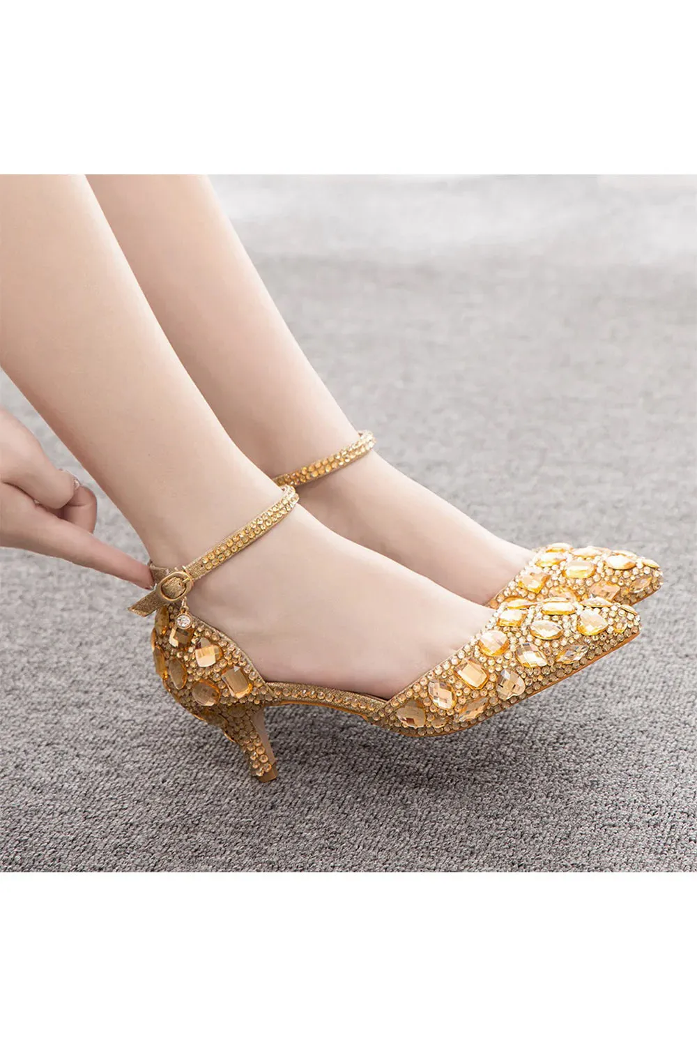 Pointed Toe Crystal Diamond  Ankle Strap Kitten Heels