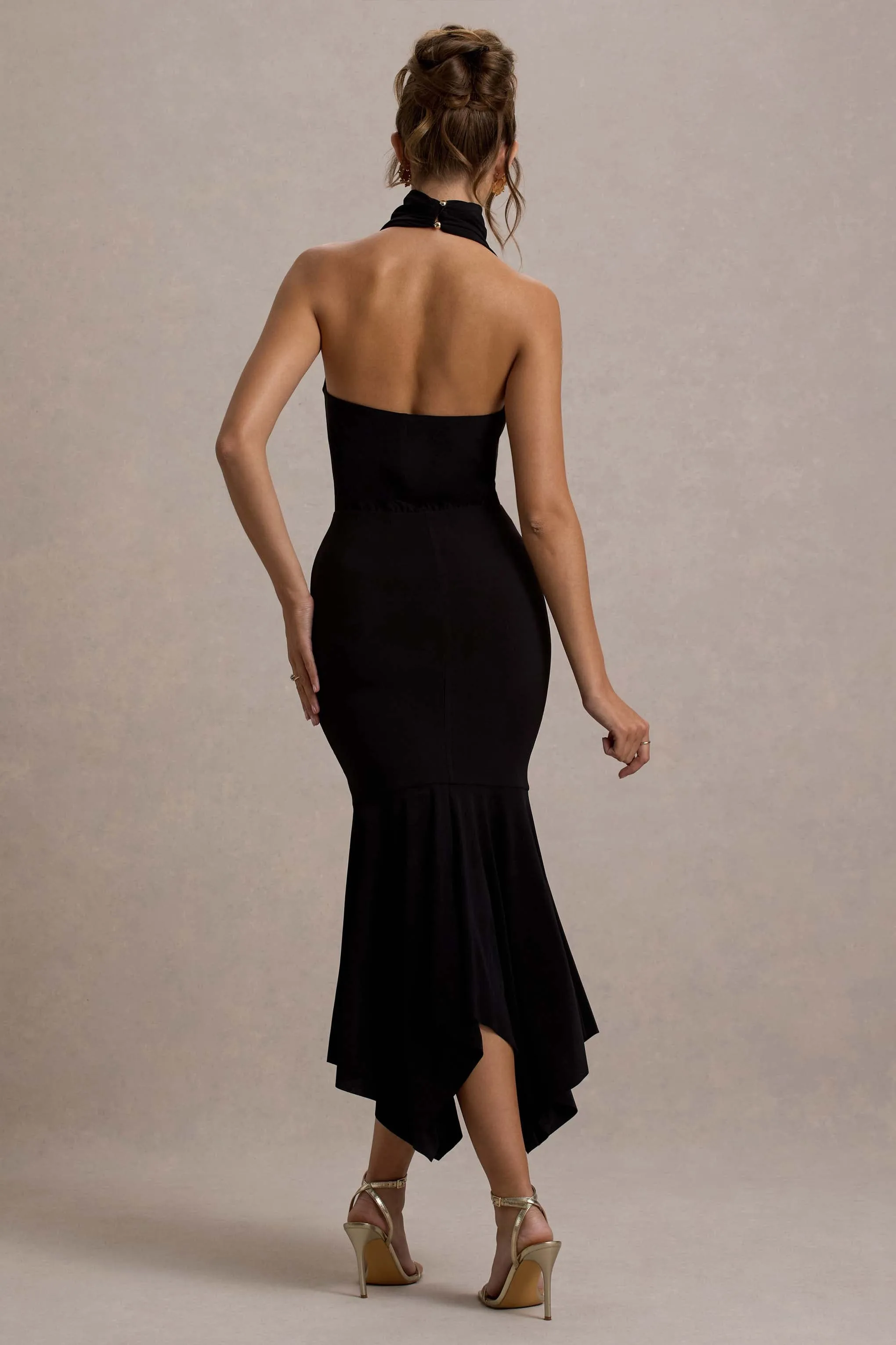 Prianyka | Black High-Neck Draped Maxi Dress