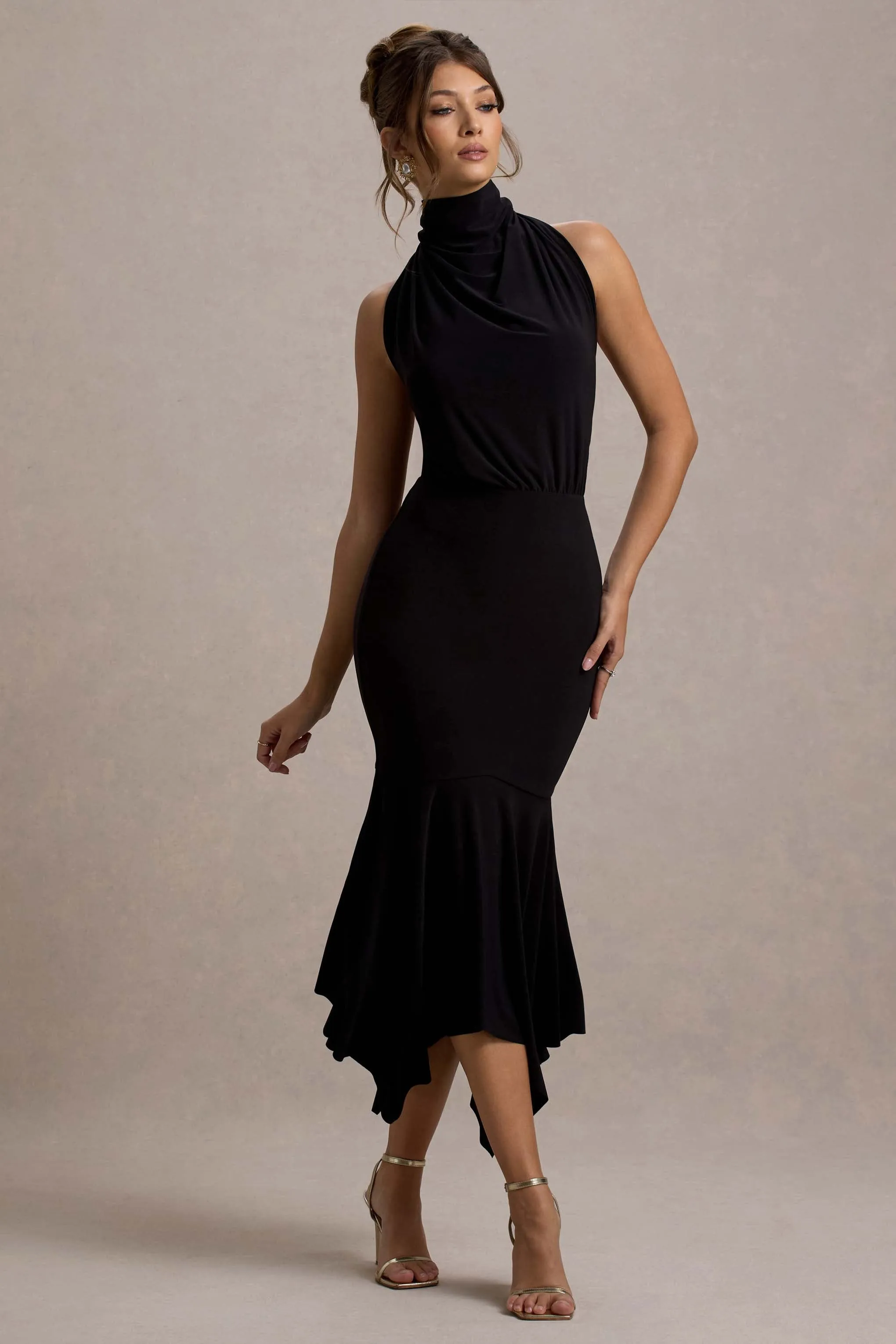 Prianyka | Black High-Neck Draped Maxi Dress