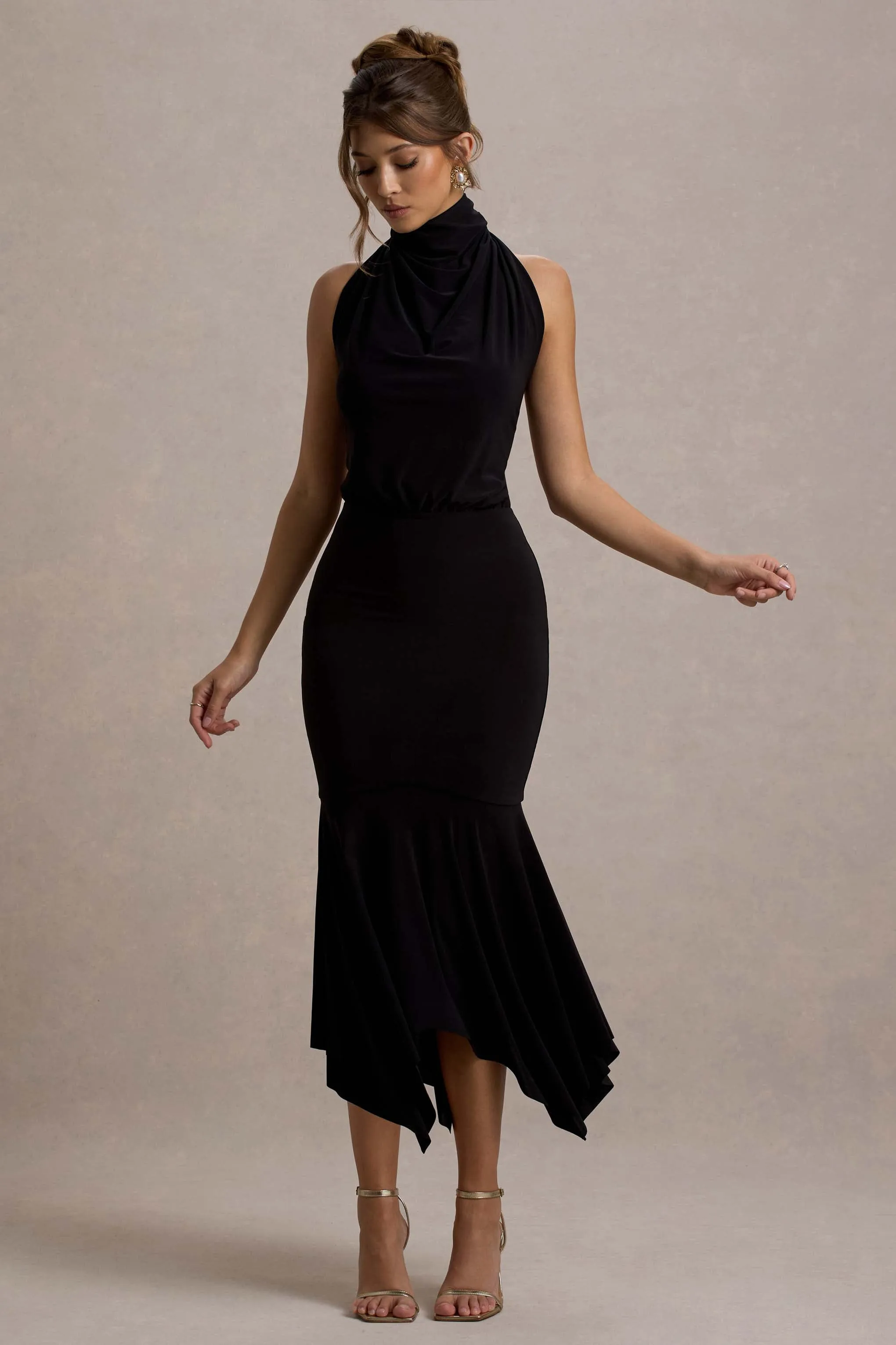 Prianyka | Black High-Neck Draped Maxi Dress