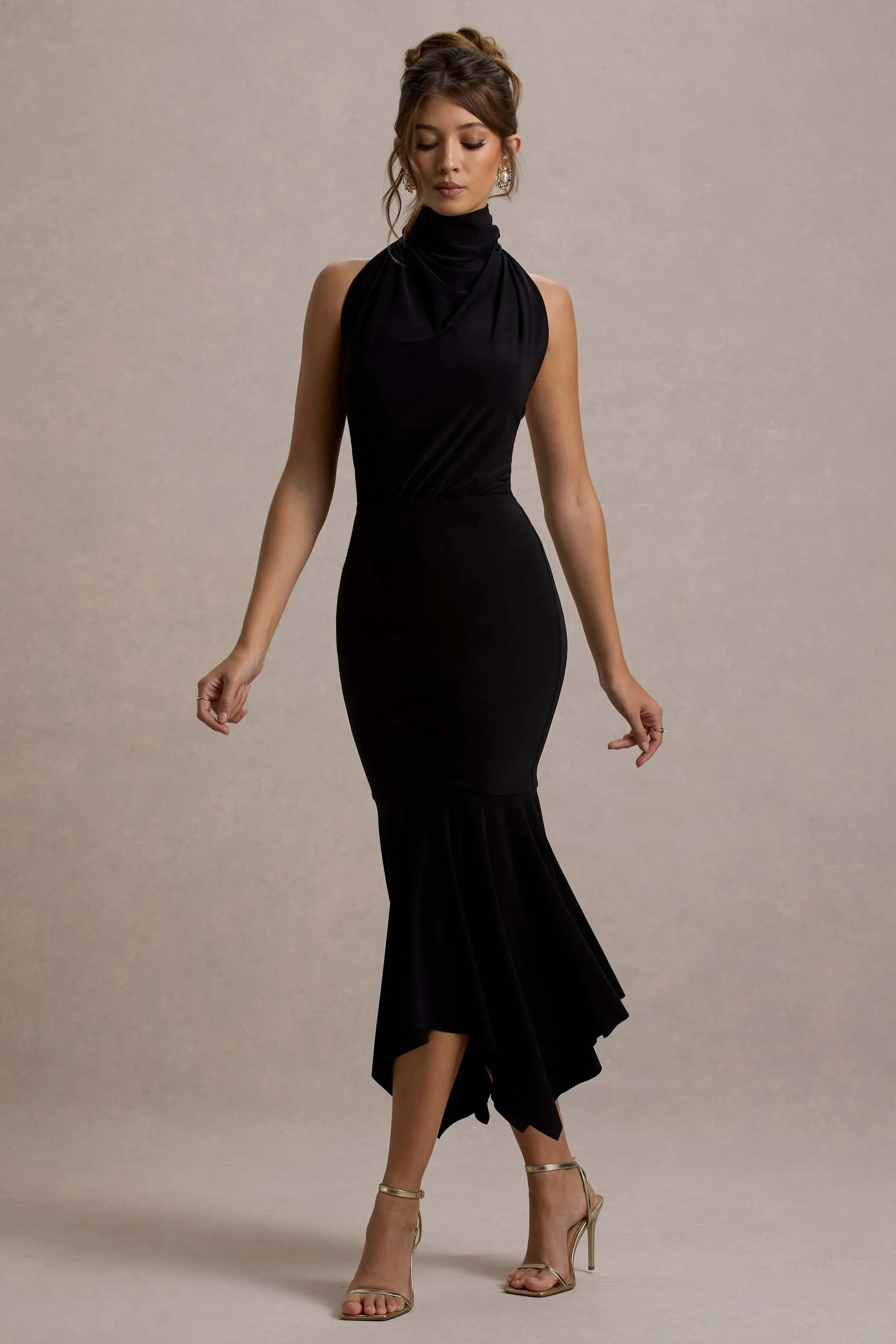 Prianyka | Black High-Neck Draped Maxi Dress