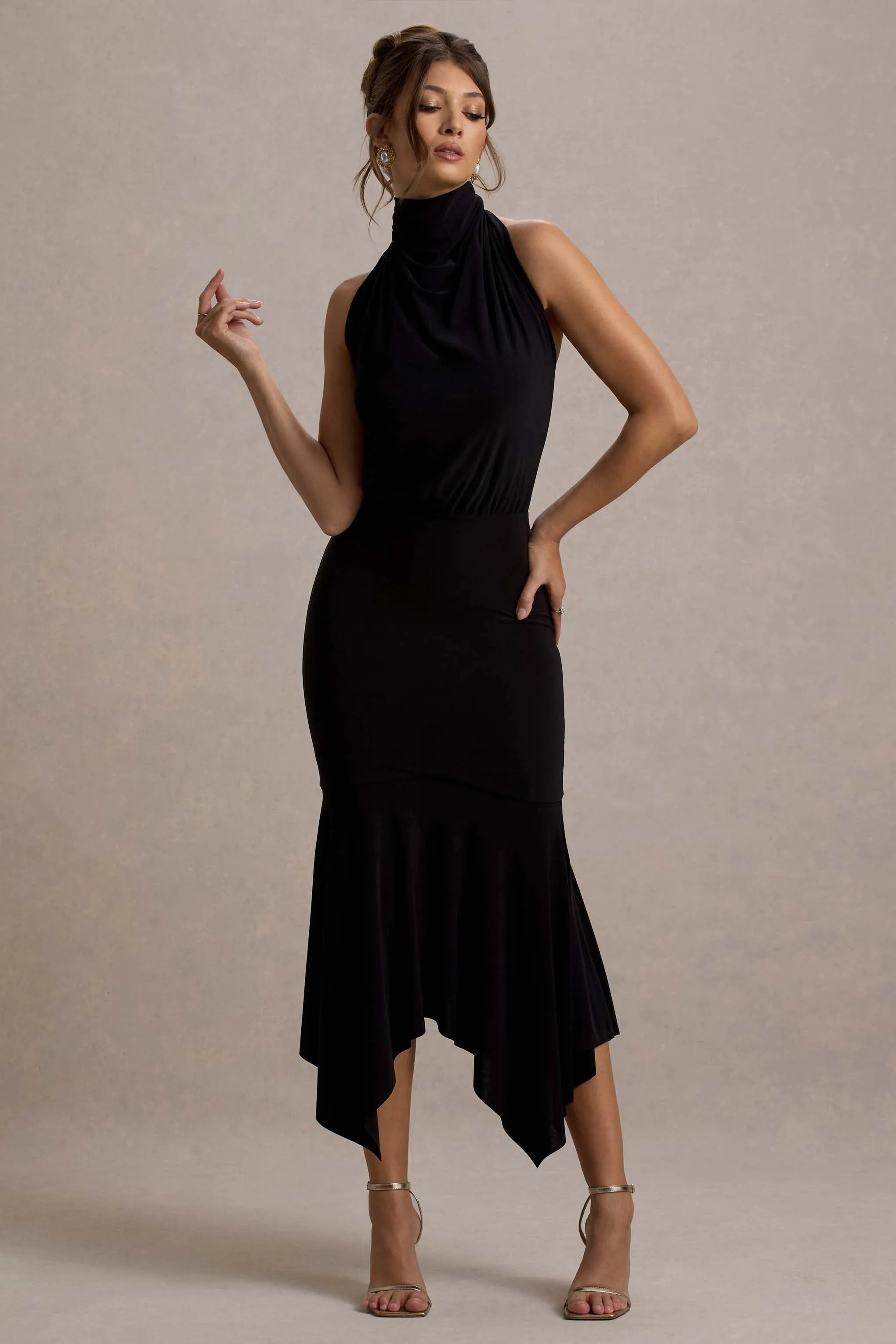 Prianyka | Black High-Neck Draped Maxi Dress