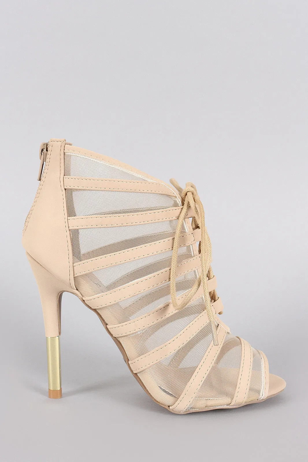 Qupid Mesh Lace Up Peep Toe Stiletto Heel