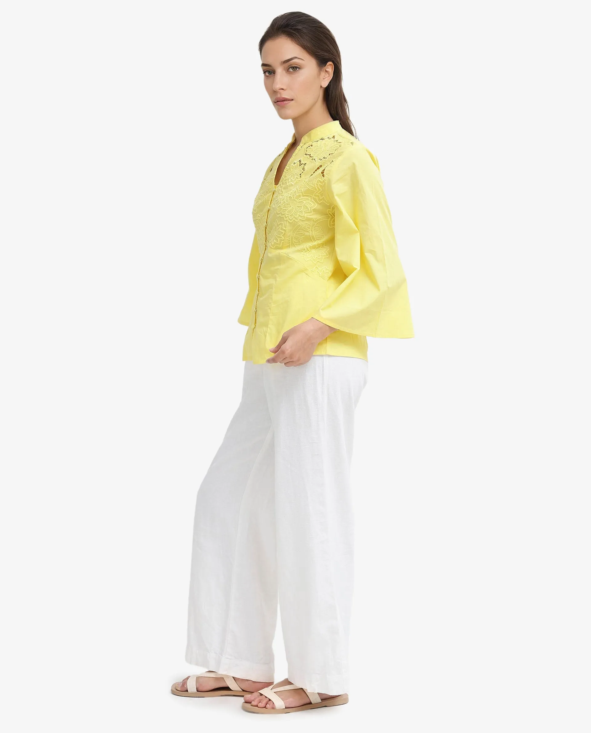 Rareism Women Badgle-T Pastel Yellow Cotton Fabric Full Sleeve Collared Neck   Embroidered Top