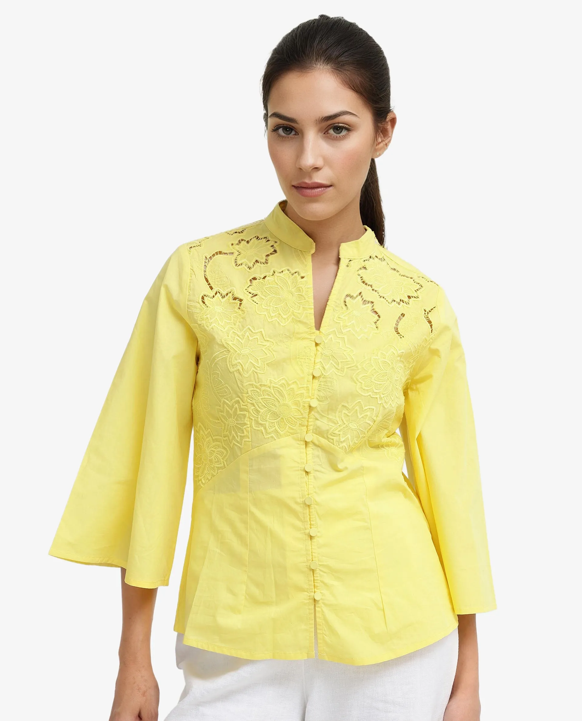 Rareism Women Badgle-T Pastel Yellow Cotton Fabric Full Sleeve Collared Neck   Embroidered Top