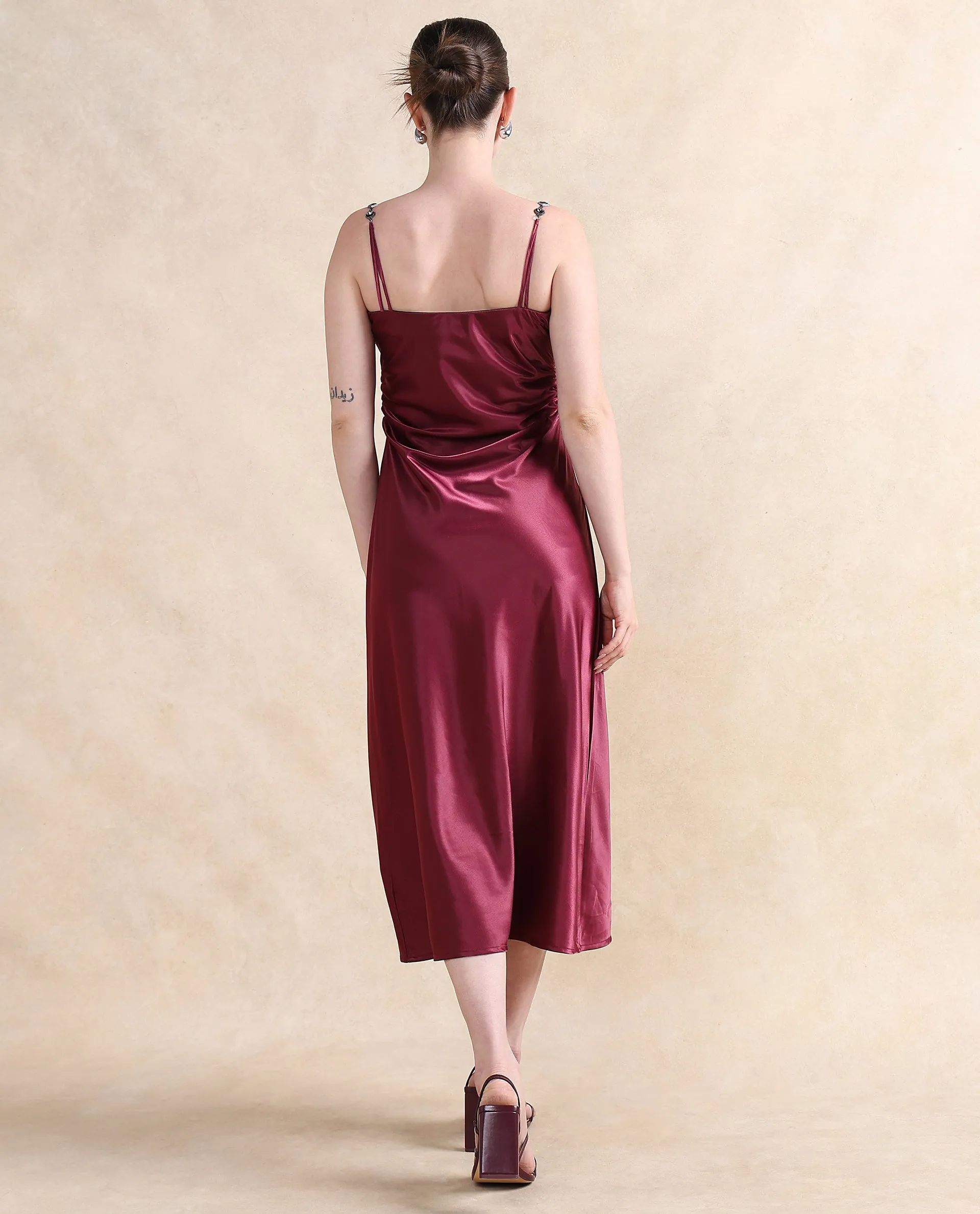 Rareism Women Roala Maroon Satin Sleeveless Shoulder Straps Zipper Closure Fitted Maxi Plain Dress