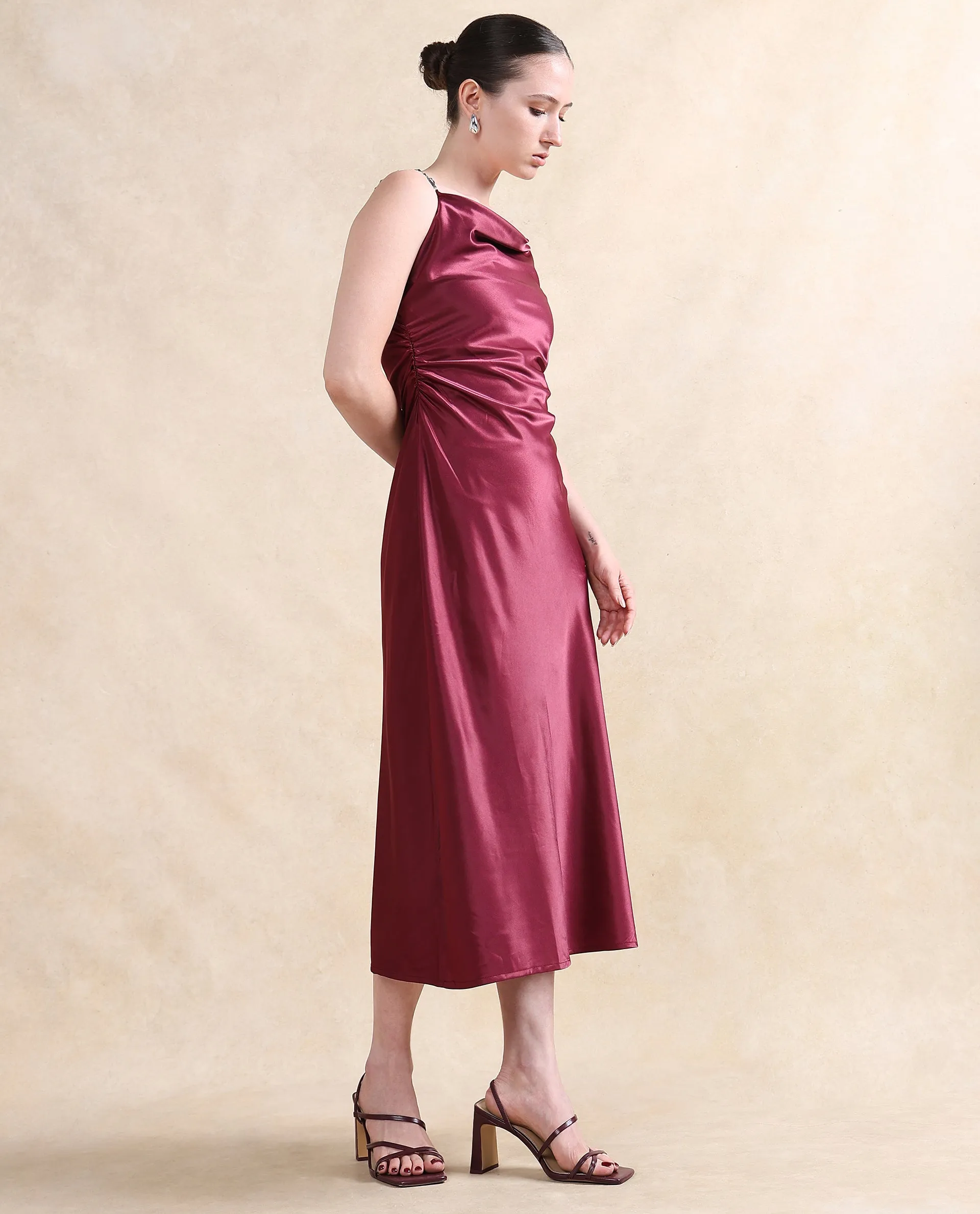 Rareism Women Roala Maroon Satin Sleeveless Shoulder Straps Zipper Closure Fitted Maxi Plain Dress