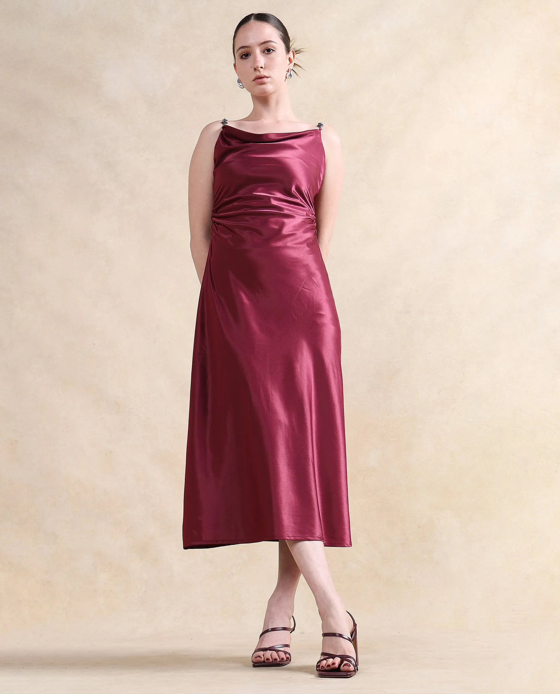 Rareism Women Roala Maroon Satin Sleeveless Shoulder Straps Zipper Closure Fitted Maxi Plain Dress