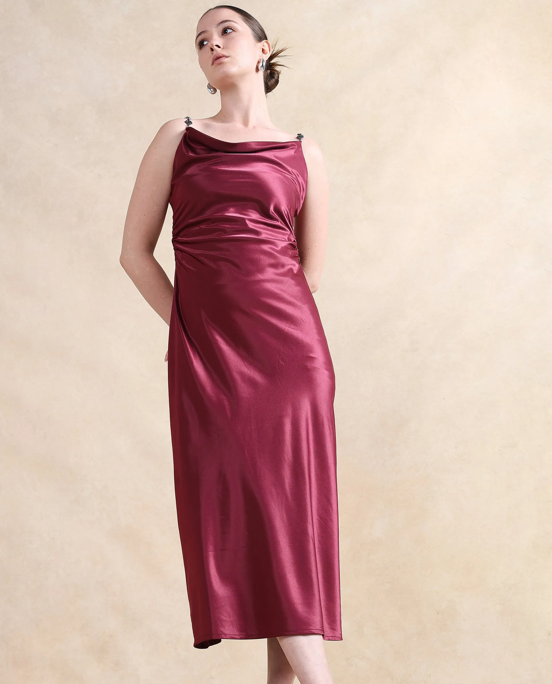 Rareism Women Roala Maroon Satin Sleeveless Shoulder Straps Zipper Closure Fitted Maxi Plain Dress