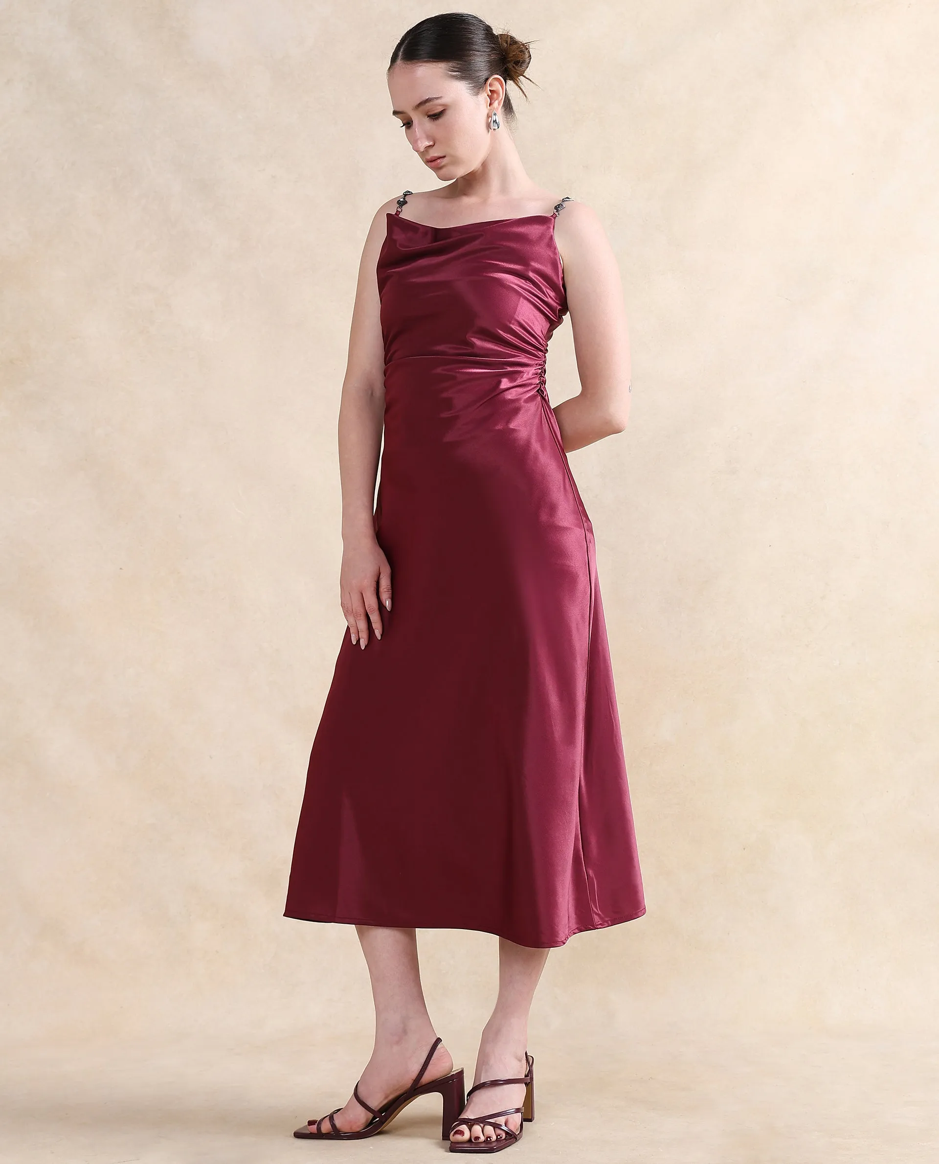 Rareism Women Roala Maroon Satin Sleeveless Shoulder Straps Zipper Closure Fitted Maxi Plain Dress