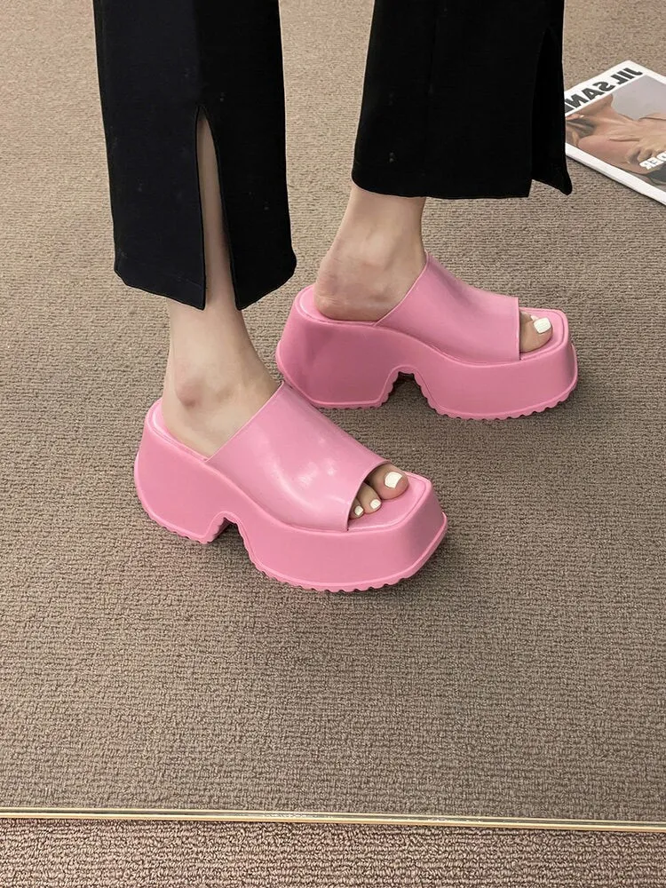 Retro Platform Slides for Women, Stylish Heeled Slippers, White Glossy Creeper Heels, Pink Peep Toe Platform Pumps, Square Toe Shoes