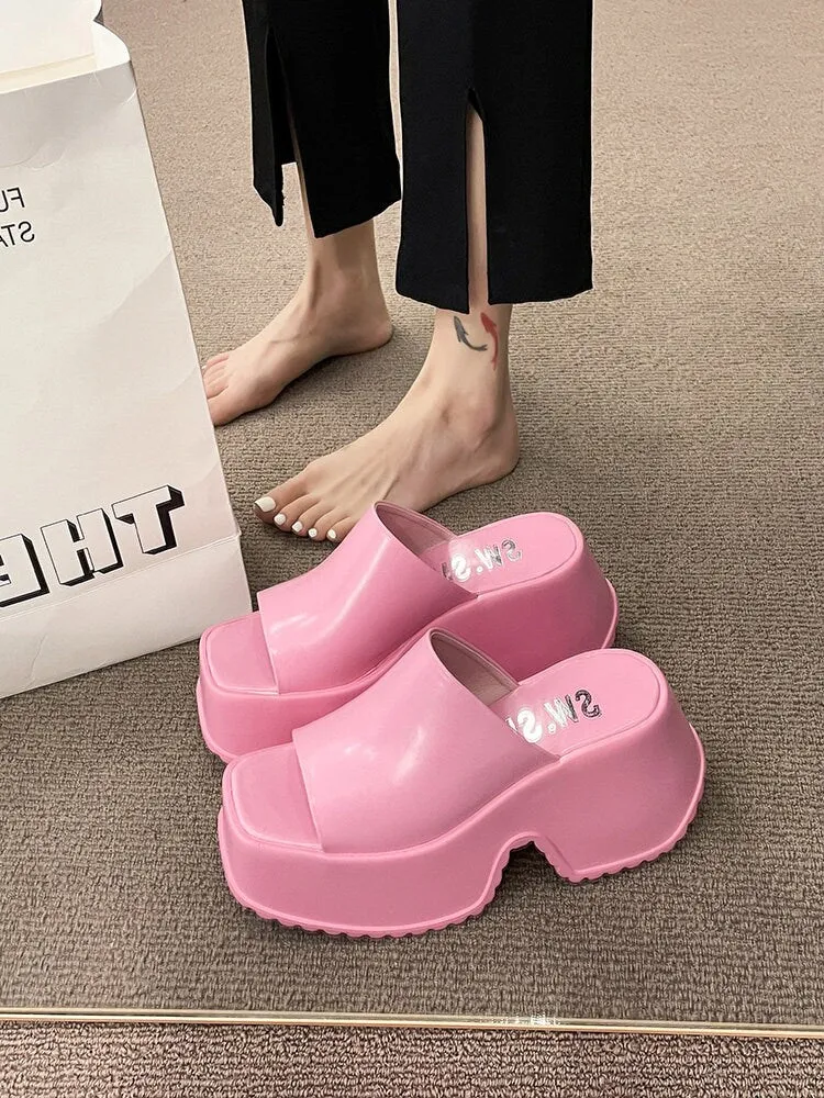 Retro Platform Slides for Women, Stylish Heeled Slippers, White Glossy Creeper Heels, Pink Peep Toe Platform Pumps, Square Toe Shoes