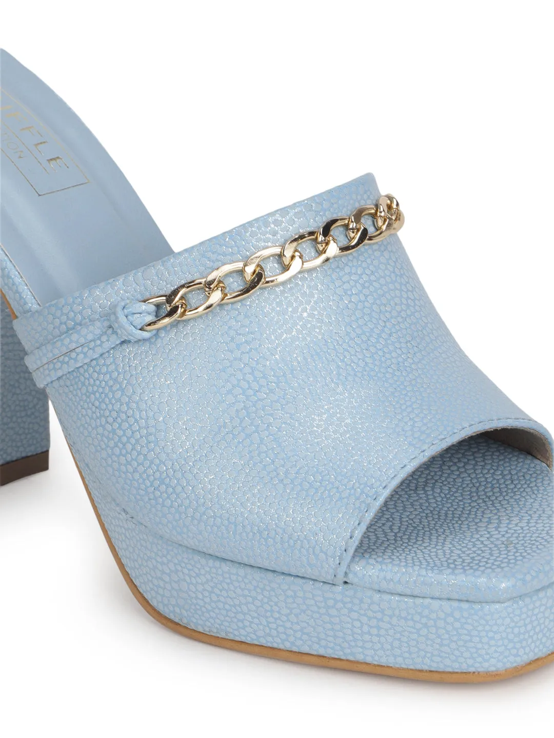 Sky Blue PU High Block Heel Chained Mules (TC-SLC-R1012-BLU)