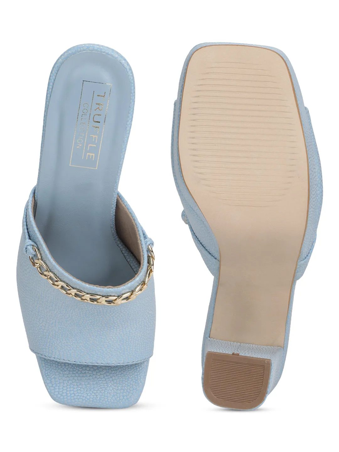 Sky Blue PU High Block Heel Chained Mules (TC-SLC-R1012-BLU)