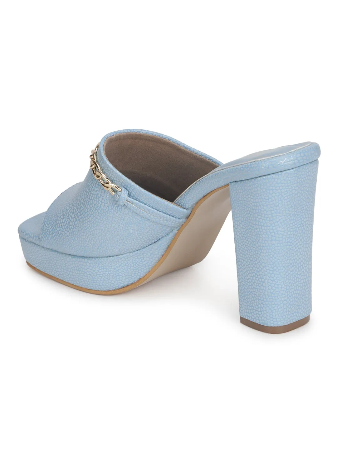 Sky Blue PU High Block Heel Chained Mules (TC-SLC-R1012-BLU)