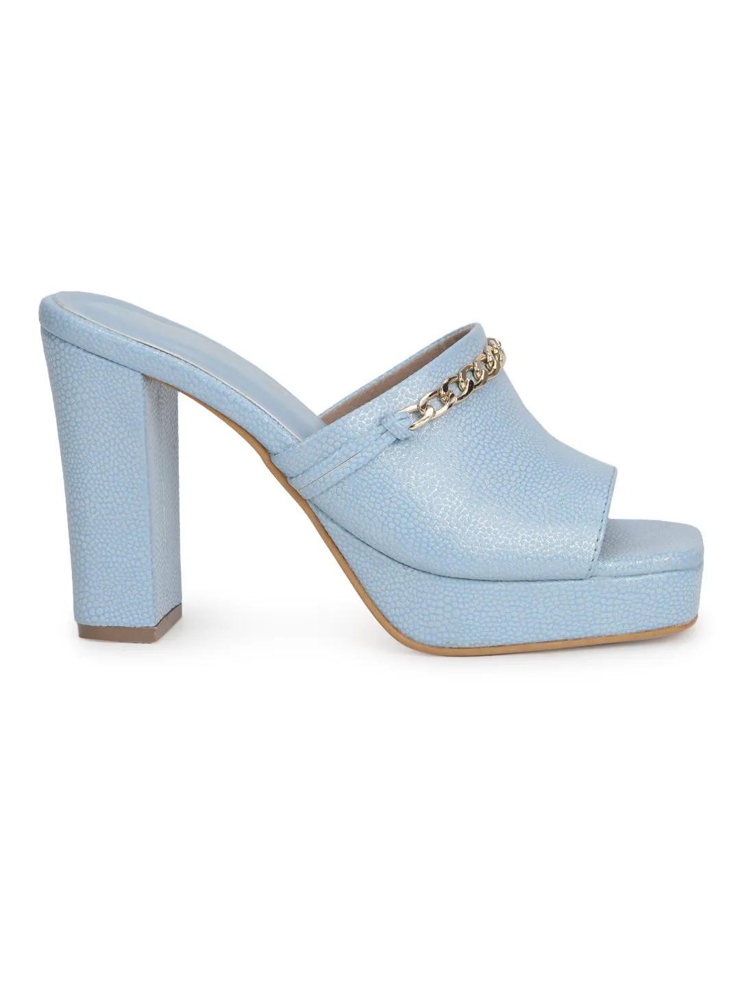 Sky Blue PU High Block Heel Chained Mules (TC-SLC-R1012-BLU)