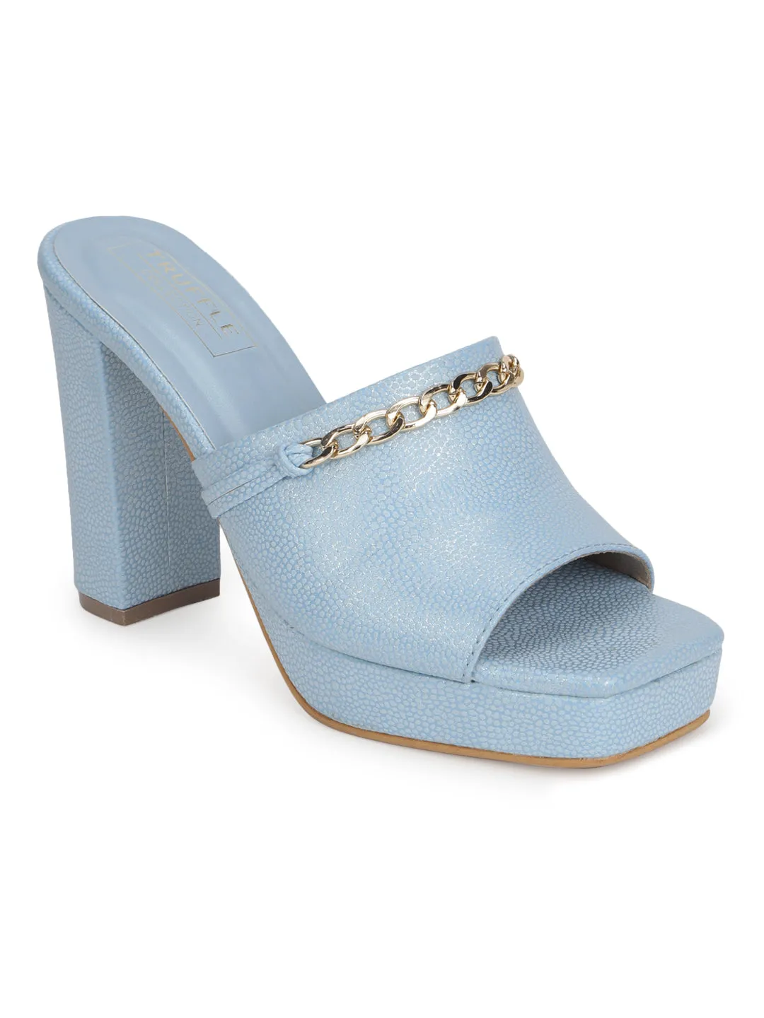 Sky Blue PU High Block Heel Chained Mules (TC-SLC-R1012-BLU)