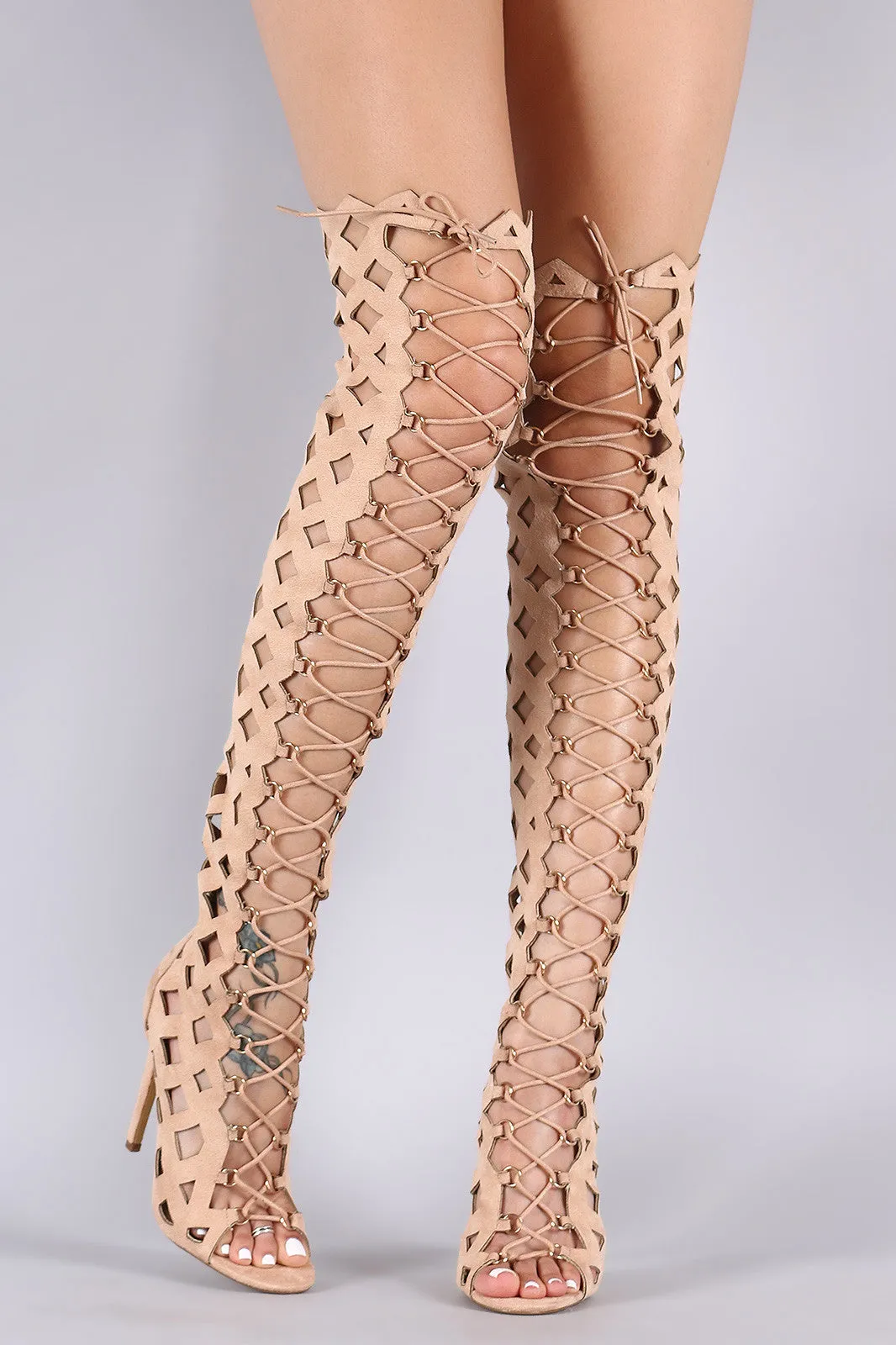 Suede Geo Cutout Over-The-Knee Stiletto Boots