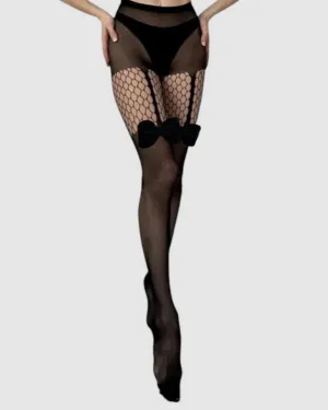 Velvet Bow Fishnet Tights - Black