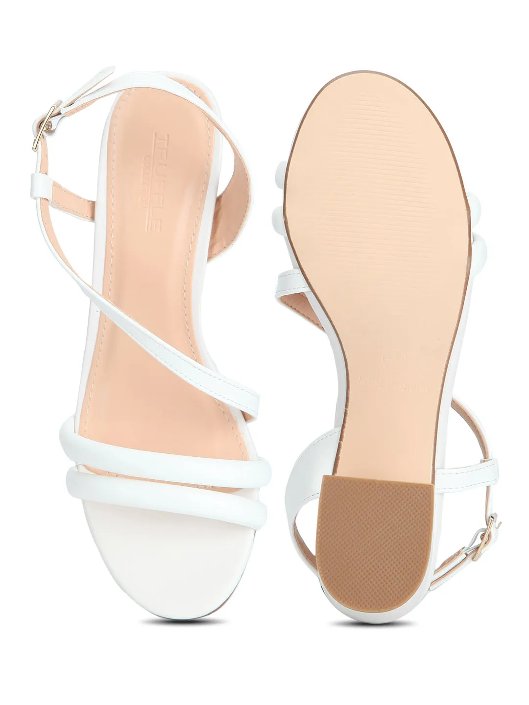 White PU Double Strap Low Block Heels