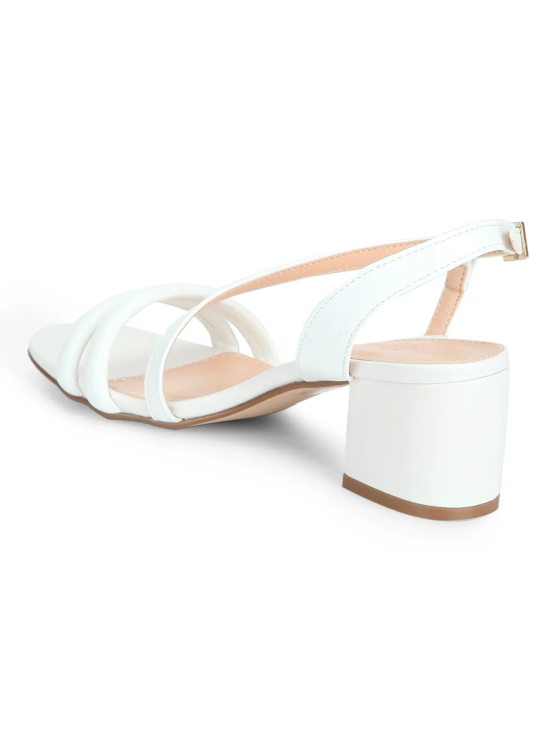 White PU Double Strap Low Block Heels