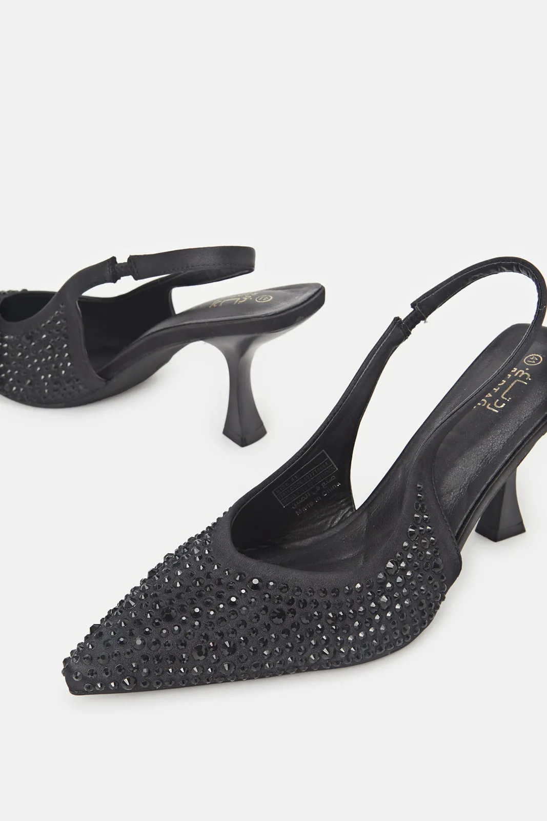 Women Black Embellished Slingback Heels