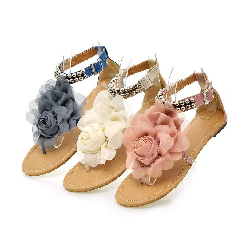 Women flower rhinestone ankle strap slip on flat sandals