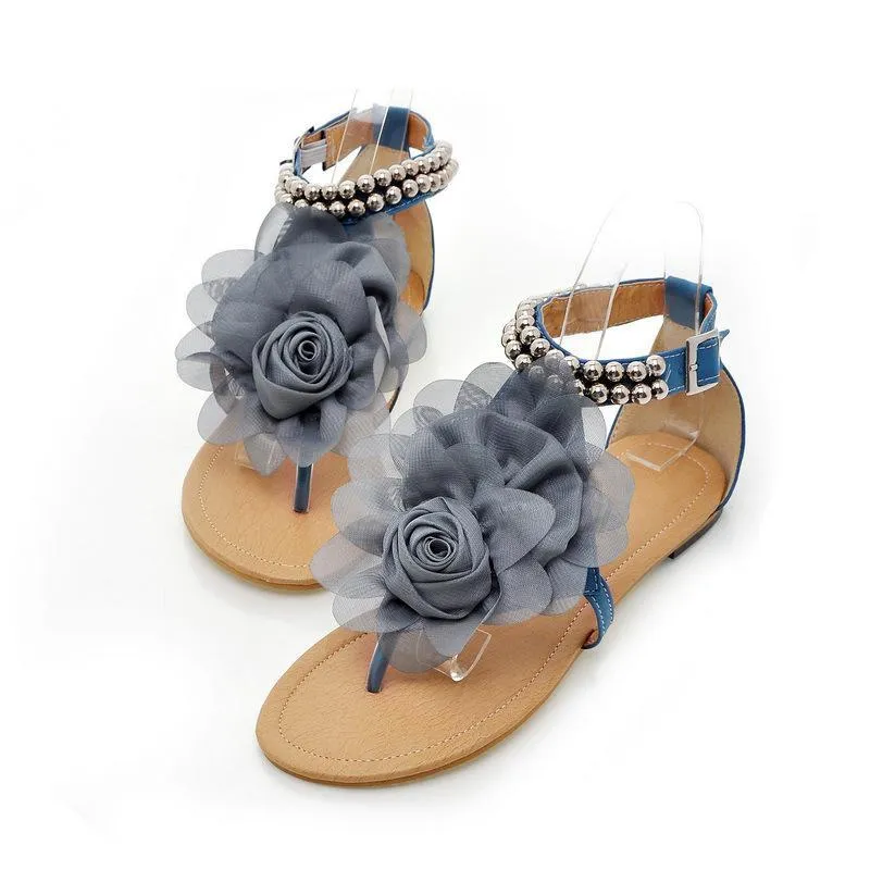 Women flower rhinestone ankle strap slip on flat sandals