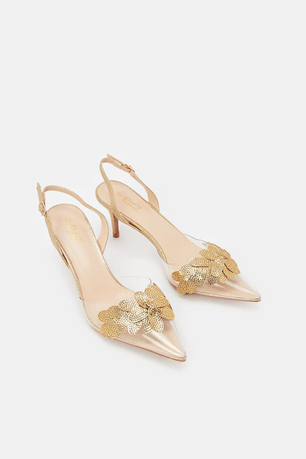 Women Gold Flower Vinyl Slingback