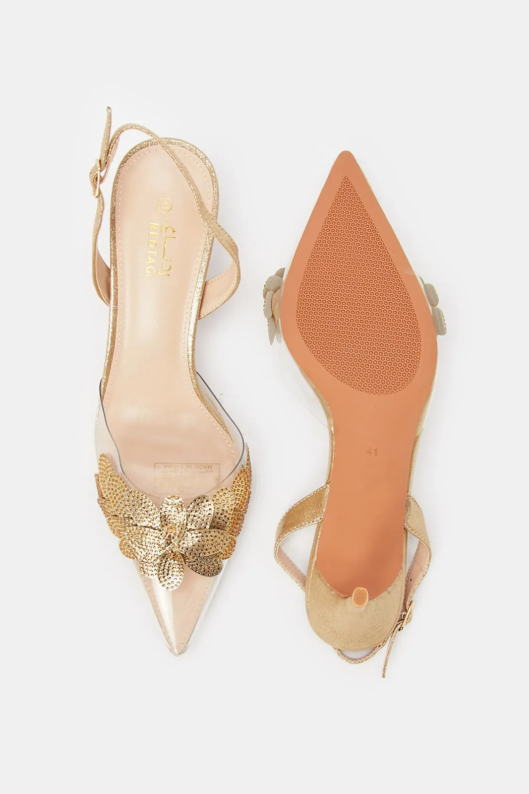 Women Gold Flower Vinyl Slingback