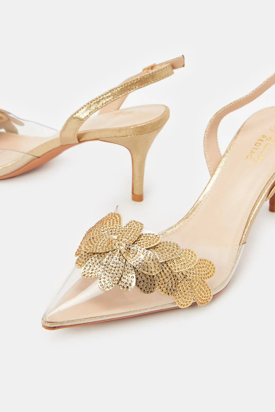 Women Gold Flower Vinyl Slingback