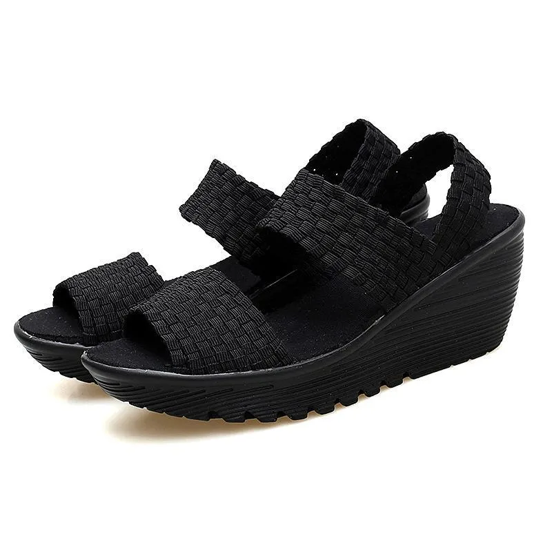 Women peep toe elastic strap slip on wedge sandals