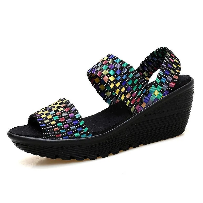 Women peep toe elastic strap slip on wedge sandals