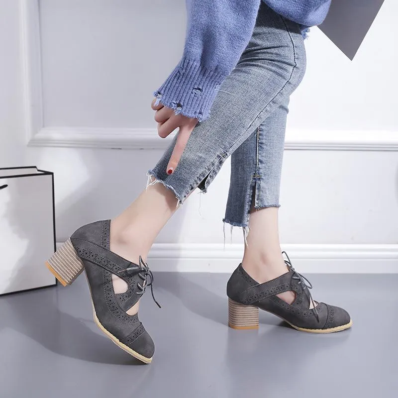 Women pointed toe summer lace up vintage chunky sandals