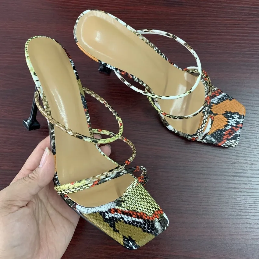 Women sandals snake print strappy mule heels sandals slippers women high heels