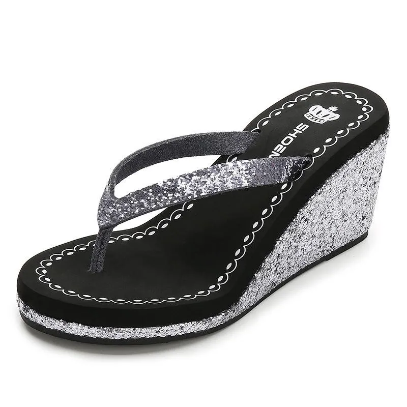 Women summer beach sparkly rhinestone slide wedge flip flop