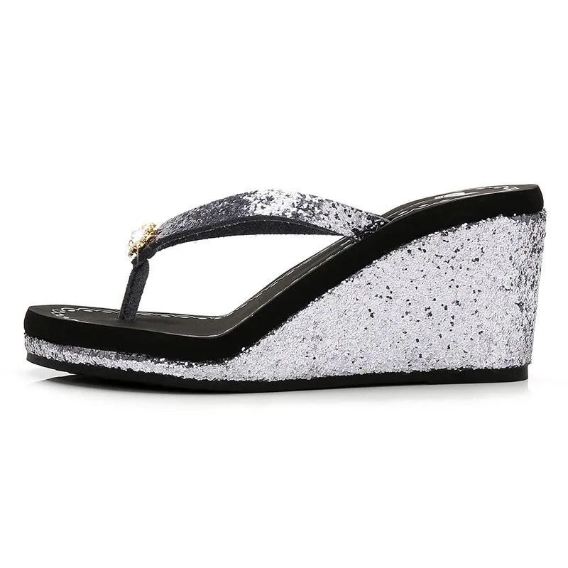 Women summer beach sparkly rhinestone slide wedge flip flop