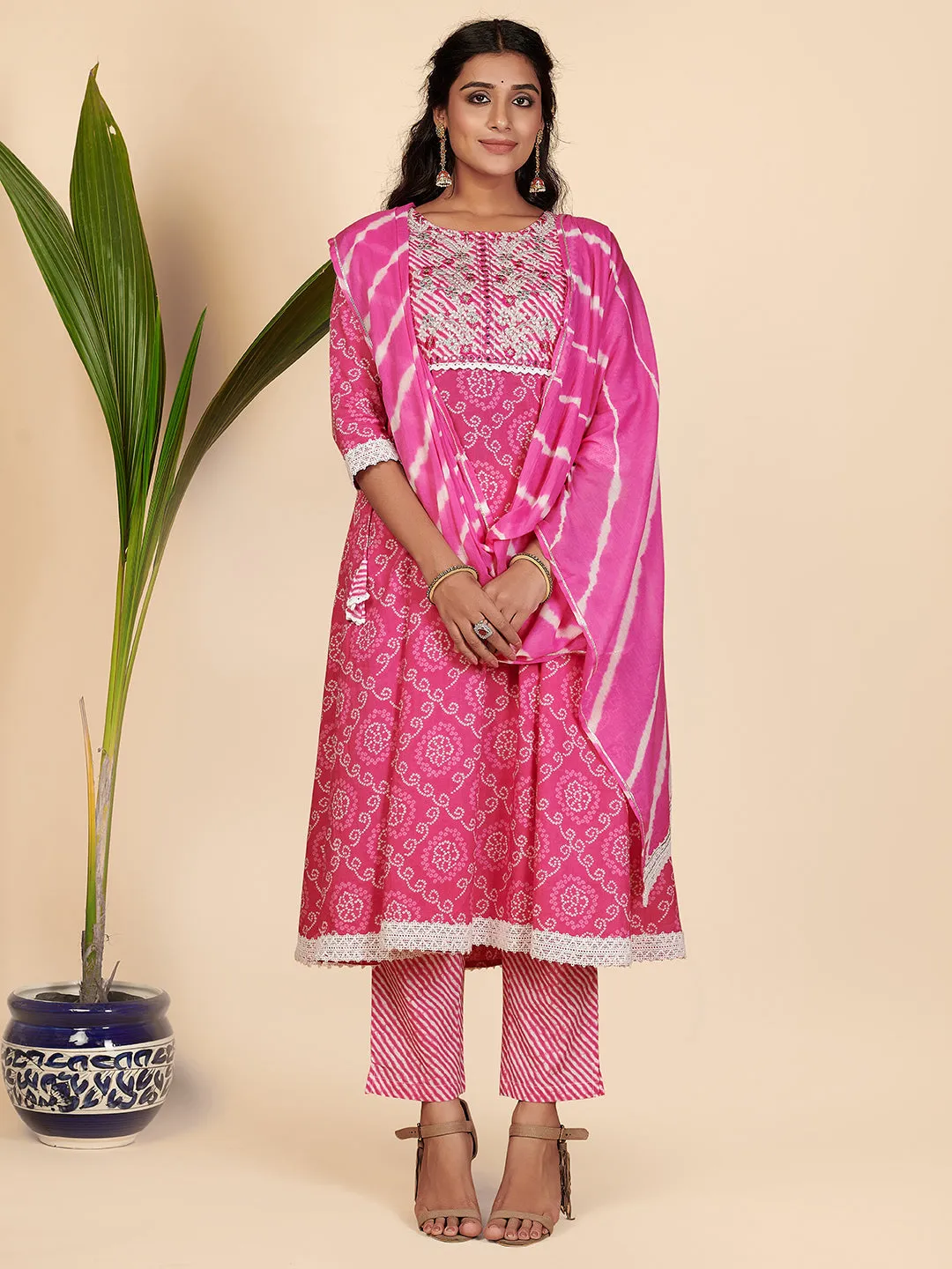 Women'S Bandhani Print & Embroidered Anarkali Cotton Pink Stitched Kurta Pant With Dupatta