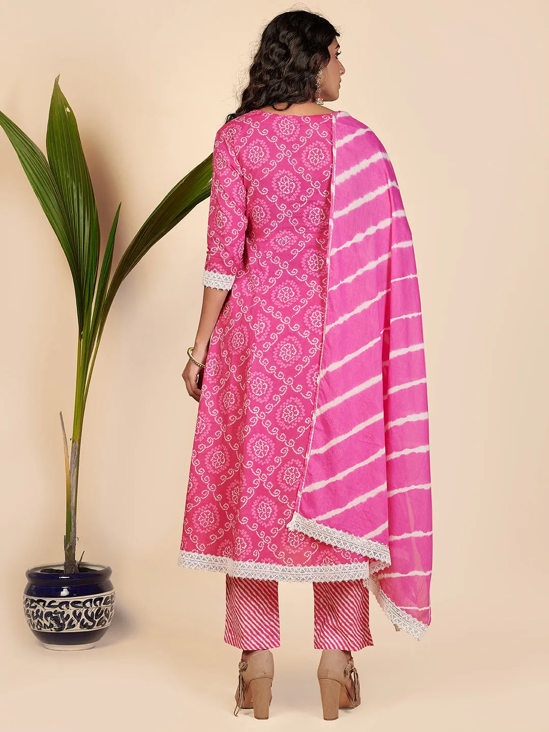 Women'S Bandhani Print & Embroidered Anarkali Cotton Pink Stitched Kurta Pant With Dupatta