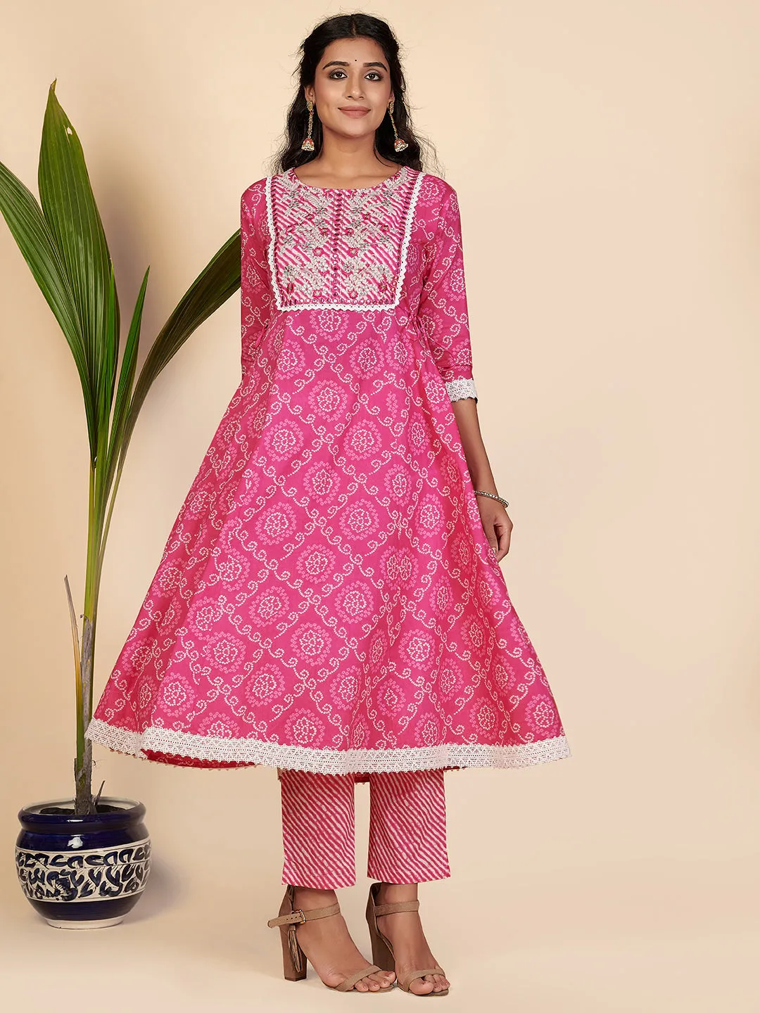 Women'S Bandhani Print & Embroidered Anarkali Cotton Pink Stitched Kurta Pant With Dupatta