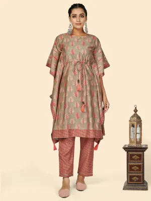 Women'S Foil Print  Muslin Olive Green Stitched Kaftan Kurta With Pant Set