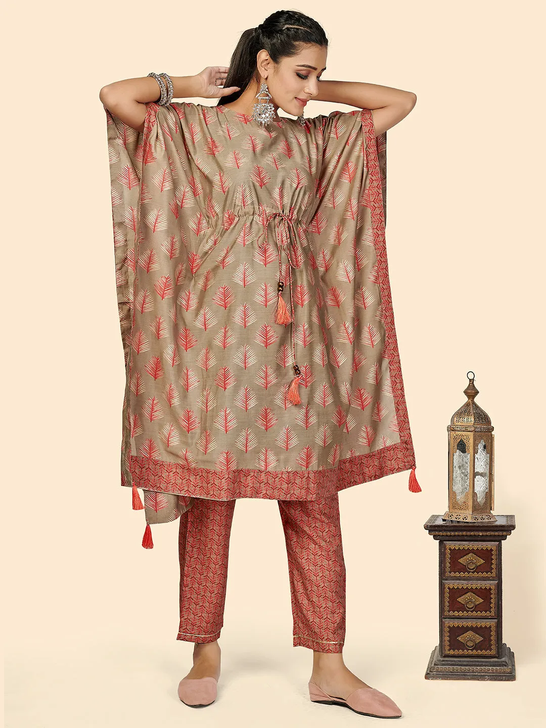 Women'S Foil Print  Muslin Olive Green Stitched Kaftan Kurta With Pant Set